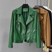 韩国时尚洋气短款绿色皮衣女春秋长袖西装领收腰真皮夹克外套