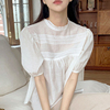 韩国ins法式宫廷风立领蕾丝花边拼接设计宽松薄款微透泡泡袖衬衫