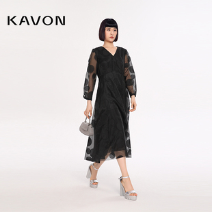 kavon卡汶黑色欧根纱提花，波点时尚精致职场大气波点长袖女连衣裙