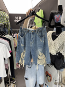 vanna韩国wuu夏bf时尚个性，破洞拉丝直筒短裤可调节腰围牛仔五分裤