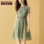 丹慕妮尔绿色蕾丝连衣裙，女年夏季收腰显瘦复古气质a字裙
