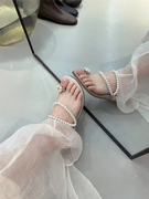 夏韩版仙女风水钻珍珠花朵套趾平底拖鞋平跟露趾度假凉拖鞋外穿