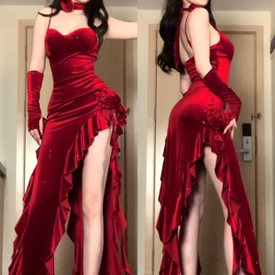 girlsat18红色连衣裙女新年丝绒，吊带裙不规则，性感生日晚礼服长裙