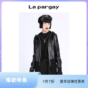 lapargay纳帕佳2023女装黑色外套，连帽长袖皮外套休闲宽松皮衣