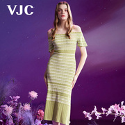 VJC/威杰思2024夏季撞色条纹针织裙吊带一字肩包臀荷叶边袖长裙女