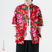 东北大花短袖衬衫男高级感红色牡丹花国潮外套，中国风男装唐装衬衣