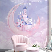 粉色儿童房墙纸城堡月亮天空唯美梦幻壁纸背景墙墙布壁布手绘云朵