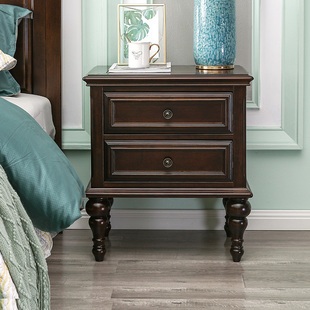 美式全实木床头柜小户型轻奢欧式卧室两抽屉储物收纳床边柜胡桃色