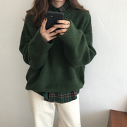 秋冬复古绿色格纹衬衫+韩版宽松圆领毛衣两件套女小个子炸街套装
