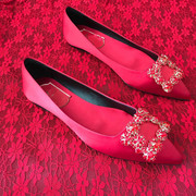 婚鞋大红色绸缎真丝水钻尖头平底孕妇新娘伴娘低跟黄色女单鞋