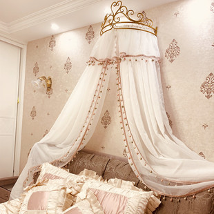 欧式公主床幔重工，镶珠仿麻料家用床头帘，样板房背景装饰新中式含架
