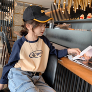 女童T恤长袖春装2024韩版中大童洋气时髦拼袖圆领打底衫上衣