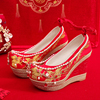 超高跟婚鞋坡跟中式婚礼，秀禾鞋古风红色汉服，新娘鞋结婚翘头绣花鞋