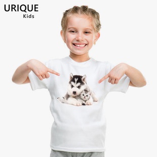 可爱狗狗小狗图案莫代尔儿童，t恤女童装短袖，圆领可爱动物亲子宝宝