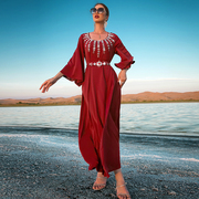 2022年款暗红色重工手缝钻连衣，裙带腰带中东阿拉伯连衣裙尺码偏大