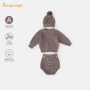 婴儿衣服秋装女宝宝套头毛线衣(毛线衣)上衣包，屁裤子套装毛球针织帽三件套
