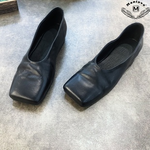 mantova曼托瓦手工定制单鞋方头，真皮复古浅口小皮鞋低跟平跟鞋