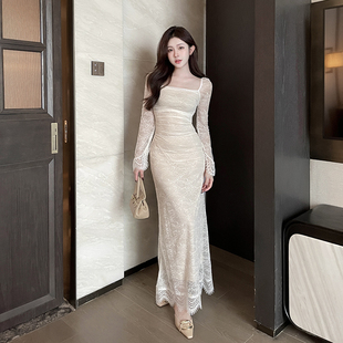 GirlsAt18 白色晚礼服裙长裙女法式高级感气质性感蕾丝长袖连衣裙