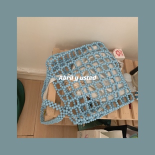 ins同款浅蓝色格子镂空串珠包单肩包大容量手提包diy材料包