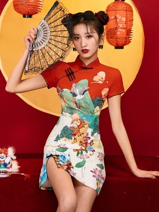 红色国潮旗袍2023年夏季少女改良年轻款新中式日常小个子短款