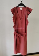 女装砖红色飞飞袖中裙系腰带连衣裙低V领口优雅多种穿法