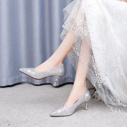 少女高跟鞋女水晶银色婚纱照单鞋中跟5cm尖头气质伴娘礼服金色单