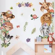 儿童房装饰画1件卡通动物墙壁装饰贴画北欧风叶子手绘长颈鹿墙贴