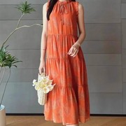 女装衣依阿玛施2024夏季时尚气质优雅印花系带，无袖连衣裙女