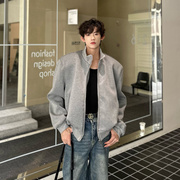 秋季韩国垫肩灰色开衫短外套，男设计感简约网红高级感立领夹克卫衣