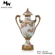 美式中国风装饰罐工艺品盖坛法式奢华玄关客厅铜配陶瓷奖杯储物罐