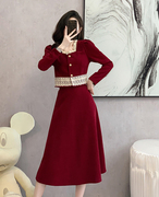 法式小香风新年红色连衣裙女早春高级感订婚礼服裙两件套装冬