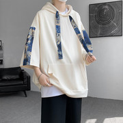 新中式男装中国风连帽短袖卫衣，男刺绣美式夏季潮牌重磅，7七分袖t恤