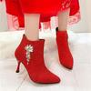 秋冬季婚鞋女2021结婚鞋子中跟红色细跟短靴加绒大码新娘鞋靴