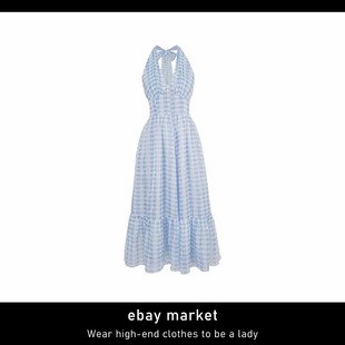ebay夏季出游度假田园风，蓝色挂脖雪纺，v领系带连衣裙海边出片长裙