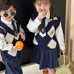 网红韩国学院风儿童兄妹装套装姐弟装2023秋冬季三件套中小童