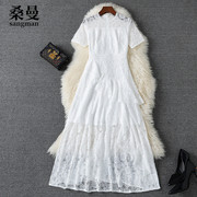 短袖蕾丝连衣裙收腰夏天裙子韩版显瘦优雅气质荷叶边白色仙女长裙