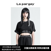 Lapargay纳帕佳2024夏女装黑白色上衣休闲短款五分袖圆领T恤