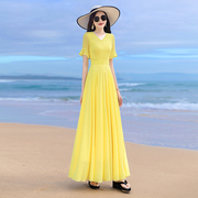 2024夏季黄色雪纺仙女连衣裙，薄款显瘦长款大摆裙子沙滩长裙女