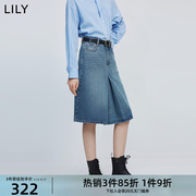 LILY2024春女装含天丝别致减龄学院风显瘦高腰A字牛仔半身裙