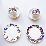 欧式圆形陶瓷小众高级感植物，花卉蝴蝶鸢尾花，8英寸圆形平盘咖啡杯