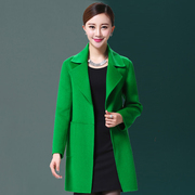秋冬韩版双面羊绒，大衣女中长款西装领时尚休闲宽松绿色绵羊毛外套