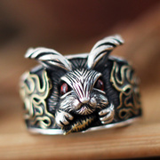 兔子纯银戒指男女同款开口指环小动物生肖属兔银饰复古民族风饰品