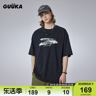 GUUKA黑色破洞短袖T恤男重磅夏季潮美式复古做旧落肩上衣宽松