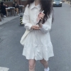 白色连衣裙女春秋韩版温柔小个子娃娃裙设计感拼接长袖A字衬衫裙