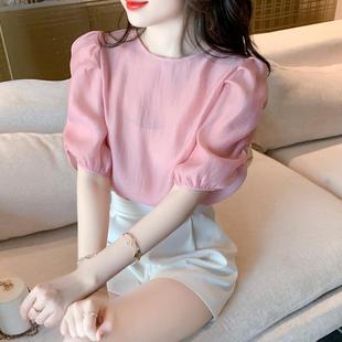 粉色泡泡袖上衣女夏季短袖t恤2024透气小衫气质时髦雪纺衬衫