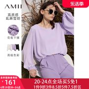 Amii2024春季灯笼袖雪纺衫长袖上衣女衬衫紫色洋气小衫套头