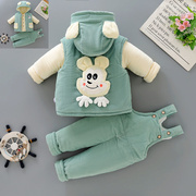 宝宝冬季套装0-1岁男婴儿棉衣，秋冬保暖加厚棉袄棉服背带裤三件套