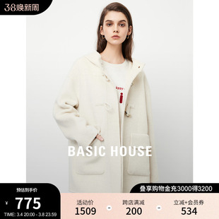 Basic House/百家好学院风羊毛大衣2023冬季牛角扣双面毛呢外套