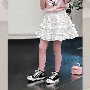 纯棉儿童洋气白裙子(白裙子)女童网红蕾丝，短裙裤大童装半身裙2024夏装