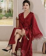 晨袍女新娘高级感睡衣，结婚法式礼服新中式，春秋婚礼丝绸红色长款睡